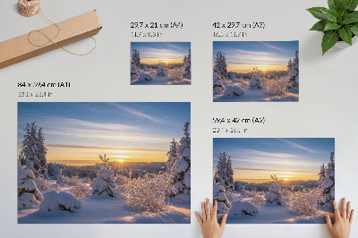 Plakatas ant drobės Žiemos peizažas su sniegu ir saule horizonte