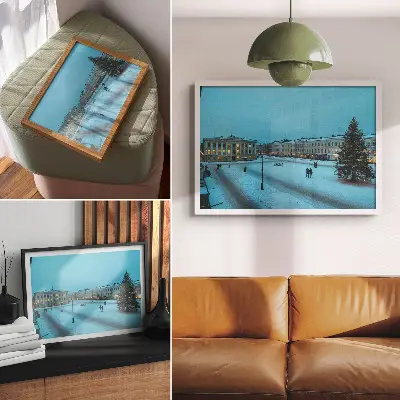 Plakatas žiemos peizažas su klasikinės architektūros pastatais ir kalėdine atmosfera