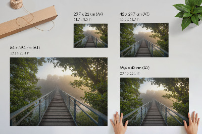 Plakatas Tiltas rūke per upę žalioje aplinkoje