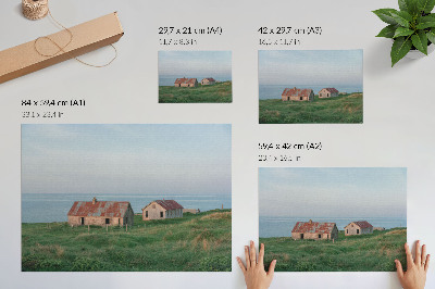 Plakatas Kaimiški pastatai, žalios pievos, jūra