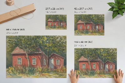 Plakatas Medinis namas, medžiai, sodri žaluma, idiliška