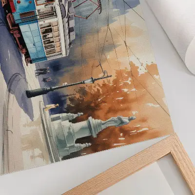 Plakatas ant drobės vintažinis miesto tramvajus akvarelės stiliumi