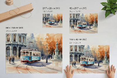Plakatas ant drobės Vintažinis miesto tramvajaus akvarelės elegancija