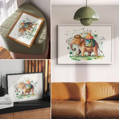Plakatas ant drobės katė ir mamutas fantazijos stiliaus magiškoje gamtoje