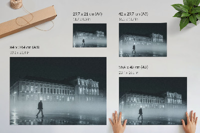 Spauda ant drobės Naktinio miesto rūkas, monumentalus pastatas