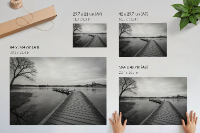 Plakatas ant drobės Juodai baltas peizažas medinis prieplauka ramus ežeras