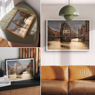 Plakatas Atmosferinė architektūra, tiltas, vakaras, ramus vanduo