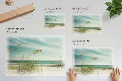 Plakatas paplūdimio žolė, vandenynas ir dangus ramybės nuotaikai