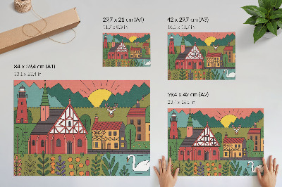 Plakatas ant drobės Spalvingi namai kalnai elniai gulbė žalias peizažas