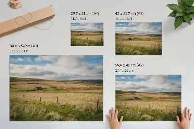Plakatas vaizdingas kraštovaizdis su kotedžu gamtoje