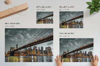 Plakatas Panorama vakare, miestas, tiltas, šviesos, vanduo