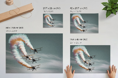 Plakatas Lėktuvai rikiuotėje su oranžiniais dryžiais