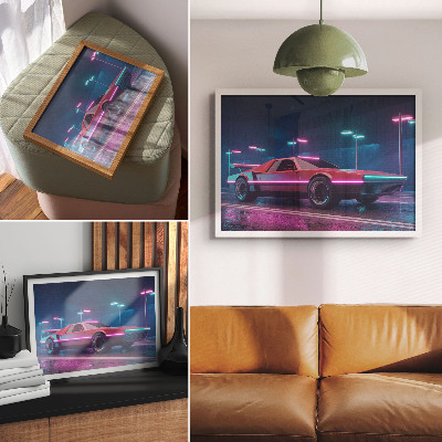 Plakatas Retro automobilis neoninėje miesto aplinkoje