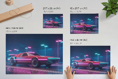 Plakatas Retro automobilis neoninėje miesto aplinkoje