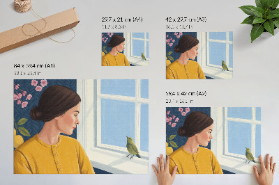 Plakatas Moteris geltonais marškinėliais su paukščiu ant palangės