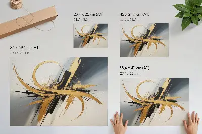 Plakatas smėlio spalvos su juodų linijų dinaminiu raštu