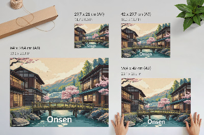Spauda ant drobės Peizažas su japoniška architektūra ir vyšniomis