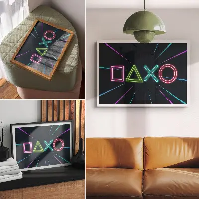 Spauda ant drobės neoninės formos, dinamiškos spalvos, futuristinis stilius