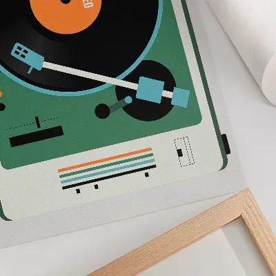 Plakatas retro gramofonas su kontrastingomis geometrinėmis spalvomis