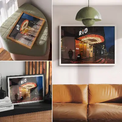 Plakatas ant drobės retro stiliaus kino neoninės šviesos raudonos ir kreminės spalvos