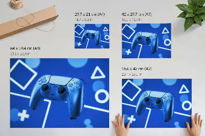 Spauda ant drobės žaidimų valdiklis su mėlynu geometriniu fonu
