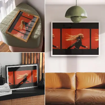 Plakatas trys bėgimo kadrai raudoname fone su modernia energija