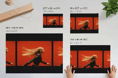 Plakatas trys bėgimo kadrai raudoname fone su modernia energija