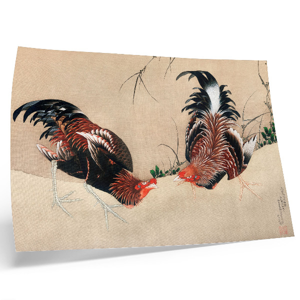 Plakatas ant drobės Katsushika Hokusai paveikslai „Gaidžiai“ (1838).