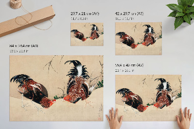Plakatas ant drobės Katsushika Hokusai paveikslai „Gaidžiai“ (1838).