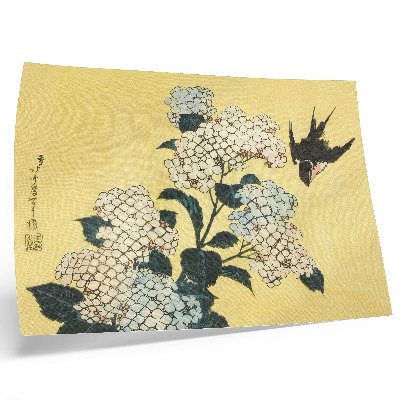 Spauda ant drobės Hortenzija ir kregždė (1833 m.) – Hokusai spalvotas medžio raižinys
