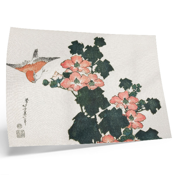 Plakatas ant drobės Katsushiki Hokusai (1760–1849) „Raudonos rožės ir paukštis“, senovinis japoniškas medžio drožinys