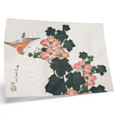 Plakatas ant drobės Katsushiki Hokusai (1760–1849) „Raudonos rožės ir paukštis“, senovinis japoniškas medžio drožinys