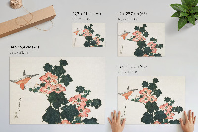Plakatas ant drobės Katsushiki Hokusai (1760–1849) „Raudonos rožės ir paukštis“, senovinis japoniškas medžio drožinys