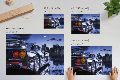 Plakatas ant drobės Sportinis automobilis miesto peizaže naktį