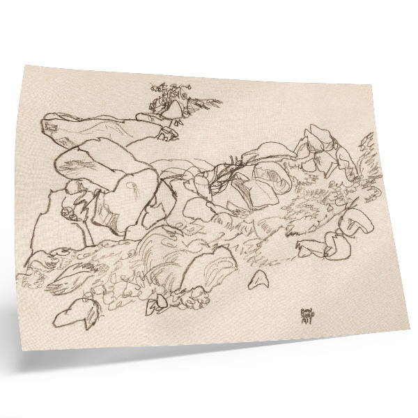 Spauda ant drobės Egono Schiele „Kalnų upelis“ (1917 m.) – linijinis piešinys iš MET muziejaus kolekcijos