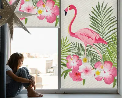 Medžiaginiai roletai Flamingos prie lapų