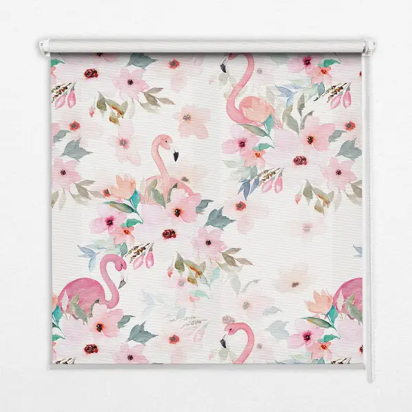 Vidiniai langų roletai Flamingos tarp gėlių
