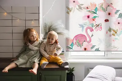 Vidiniai langų roletai Flamingos tarp gėlių