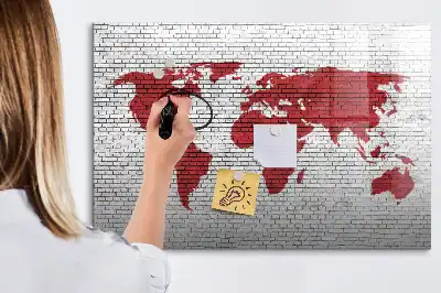 Magnetinė piešimo lenta su pasaulio žemėlapio ant plytų sienos motyvu