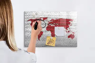 Magnetinė piešimo lenta su pasaulio žemėlapio ant plytų sienos motyvu