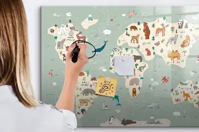 Magnetinė rašymo lenta pasaulio žemėlapis su gyvūnais