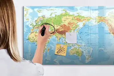 Magnetinė rašymo lenta su fiziniu pasaulio žemėlapiu