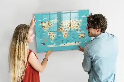 Magnetinė rašymo lenta pasaulio žemėlapis su gyvūnais