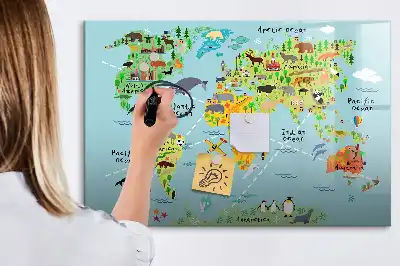 Magnetinė rašymo lenta pasaulio žemėlapis su gyvūnais