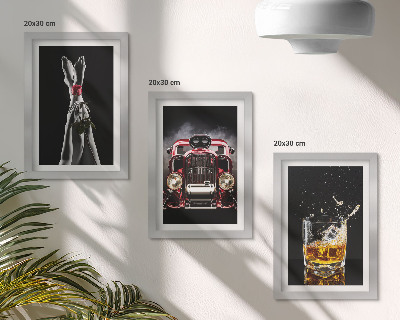 Įrėmintų paveikslų rinkinys Moteriškos kojos su rože, senu automobiliu, taure viskio