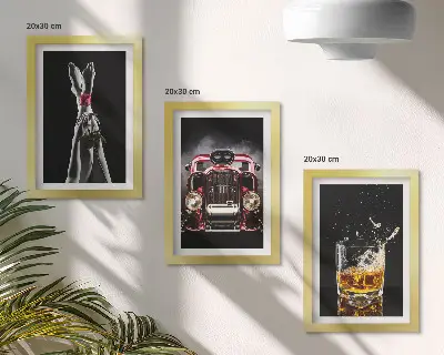 Įrėmintų paveikslų rinkinys moteriškos kojos su rože, senu automobiliu ir taure viskio