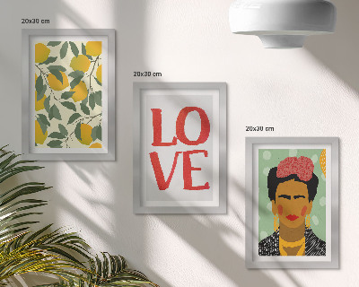 Įrėmintų paveikslų rinkinys Citrinos su užrašu „MEILĖ“ nutapytas Fridos Kahlo portretas