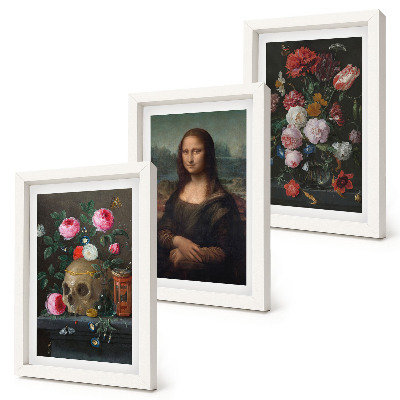 3 paveikslų rinkinys su rėmais Vintažinės gėlės, kaukolė ir Monos Lizos portretas, Leonardo da Vinci