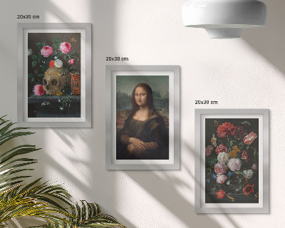 3 paveikslų rinkinys su rėmais Vintažinės gėlės, kaukolė ir Monos Lizos portretas, Leonardo da Vinci
