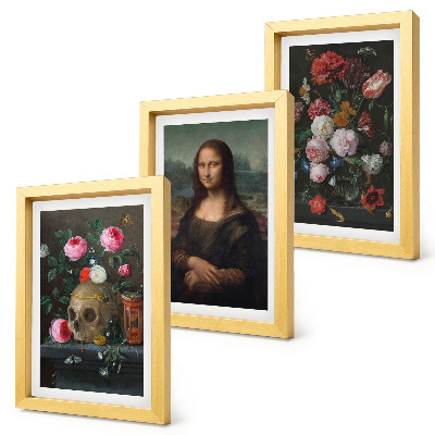 3 paveikslų rinkinys su rėmais Vintažinės gėlės, kaukolė ir Monos Lizos portretas, Leonardo da Vinci